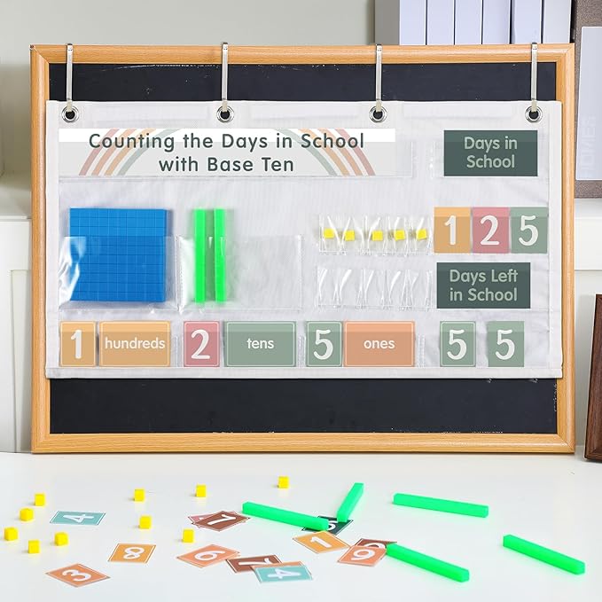 Back to School Counting The Days with Base Ten Pocket Chart Place Value, Counting Caddie Pocket Chart for Classroom Bulletin Board School or Home Decor, 4 Hooks (Colorful,Boho Style)