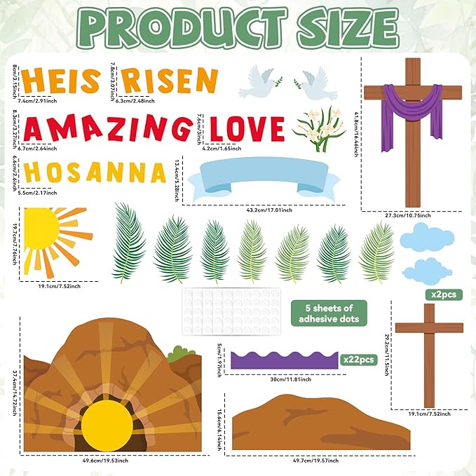 Easter Christian Bulletin Board Set He is Risen Religious Classroom Decoration Jesus Resurrection Cross Lily Hosanna Cutouts for Spring Church Sunday School Classroom Home Chalkboard Wall Decor