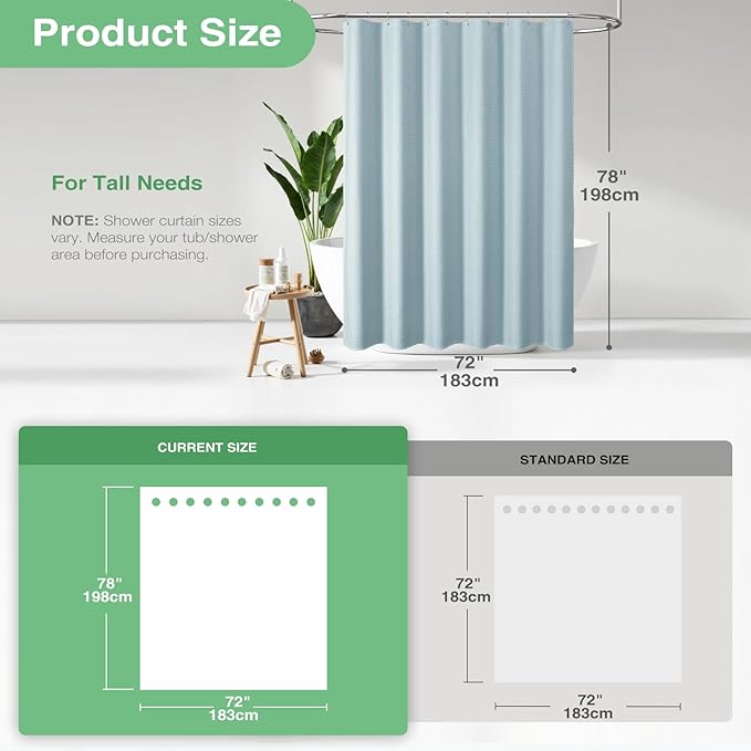 Dynamene Long Fabric Shower Curtain - 78 inch Long Waffle Weave Weighted Cloth Shower Curtains for Bathroom, Neutral Heavy Duty Hotel Spa Luxury Bath Curtain Set with 12 Plastic Hooks,72x78, Fog Blue