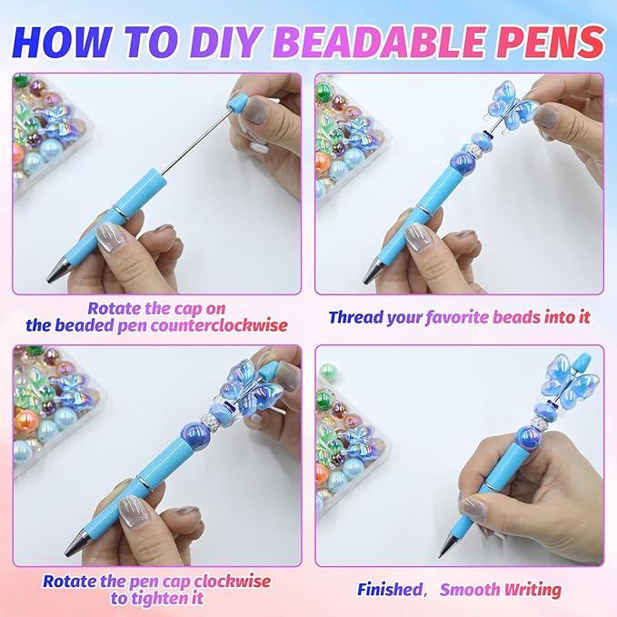 300 Pieces DIY Beadable Pen Kit – 100 Plastic Ballpoint Pens with Refills & Bags – School Supplies, Office Accessories & Decorative Items for Students & Teachers (Multicolor)
