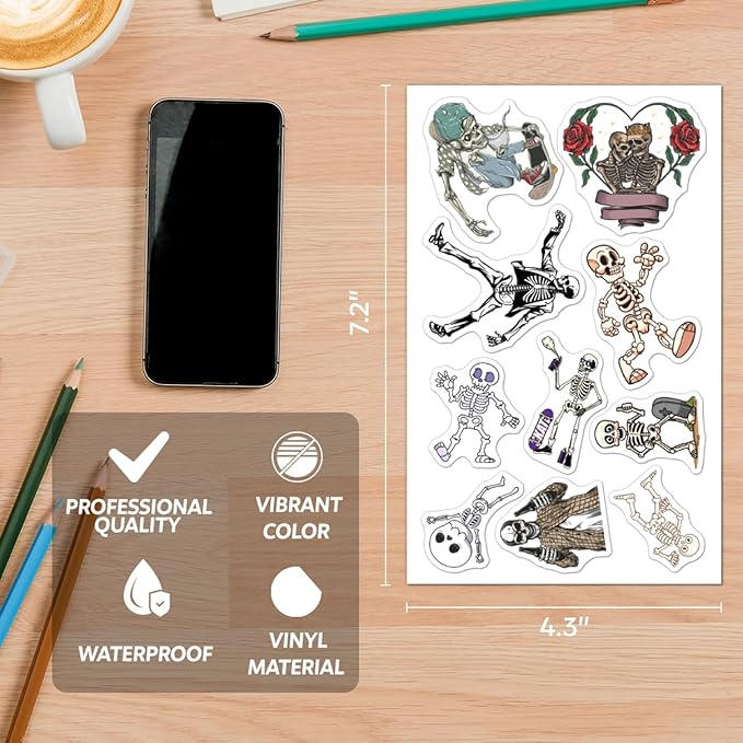 Dancing Skeleton Aesthetic Stickers Pack 50Pcs Vinyl Decals for Water Bottles Laptop Luggage Computer Phone Case Cups Teens Adults Women Kids Funny Gothic Alternative Style Hat