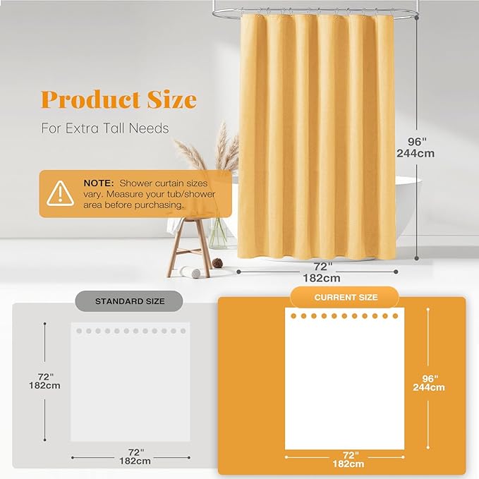 BTTN Extra Long Shower Curtain, 96 Inch Linen Textured Heavy Duty Fabric Shower Curtain Set with 12 Plastic Hooks, Large Luxury Decorative Polyester Cloth Shower Curtains for Bathroom, 72"x96", Gold