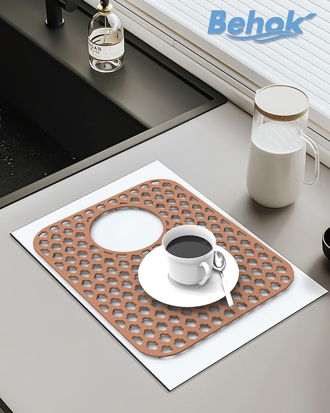 2 Pack Silicone Sink Protector for Kitchen Sink Bathroom, 13.58" x 11.6" Heat-resistant Sink Mat Non-Slip and Durable Silicone Protectors, Rear Drain, Coffee