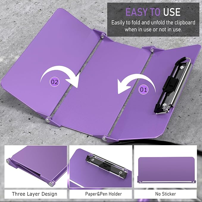 Clipboard Foldable Without Edition Cheat Charts, 3 Layers Aluminum, Nurse Board w/Low Profile Clip&Pen Clip Pocket, Purple