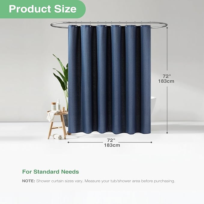 Dynamene Thick Fabric Shower Curtains for Bathroom - Waffle Weave Heavy Duty, 256GSM Hotel Spa Luxury Weighted Polyester Cloth Bath Curtain Set with 12 Plastic Hooks,72x72, Navy Blue