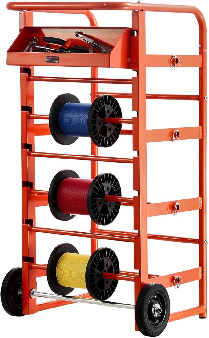 VEVOR Wire Spool Rack, 11 Rods, Multi-Spool Wire Rack Dispenser, Cable Caddy with Wheels, Cable Holder with Storage Tray for Wiring Storage, for Electrical, Industrial & Retail Use, Working Efficiency