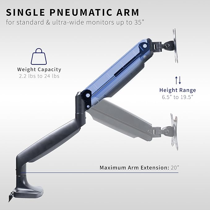 VIVO Premium Aluminum Heavy Duty Single Monitor Arm for Ultrawide Monitor up to 40 inches and 24 lbs, Desk Mount Stand, Pneumatic Height, Max VESA 100x100, Black, STAND-V101Q