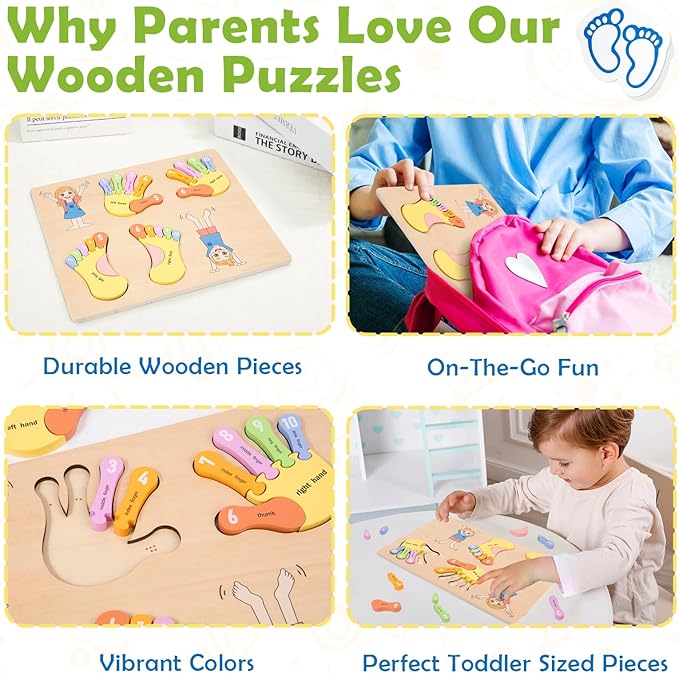 Adena Montessori Number Counting Blocks - Wooden Hands and Feet Shape Toy for Kids, Sorting & Counting Math for Home Classroom, Learn Numbers & Left and Right with Safe Wooden Blocks for Toddlers 3-4