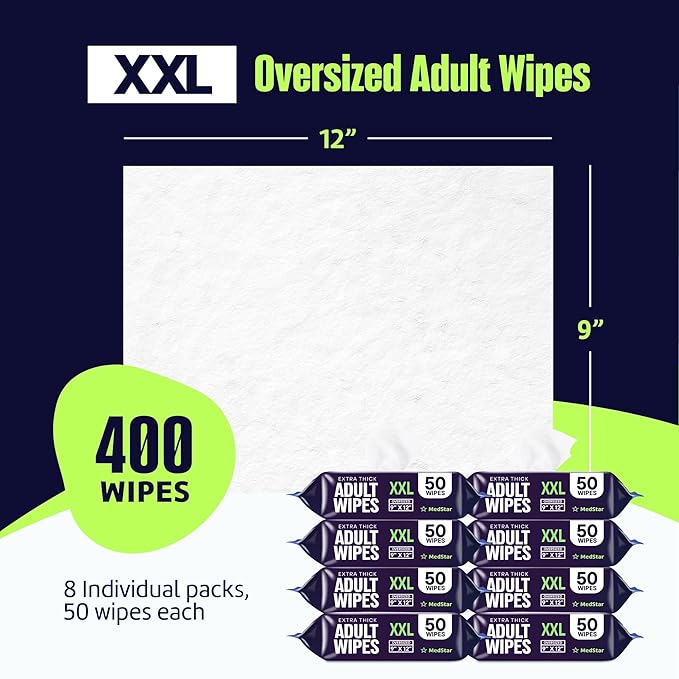Adult Wipes for Elderly 8 Pack - Hospital Grade Extra Large Extra Thick Disposable Washcloths for Adult No-Rinse Bathing & Shower Alternative - Fragrance-Free XXL