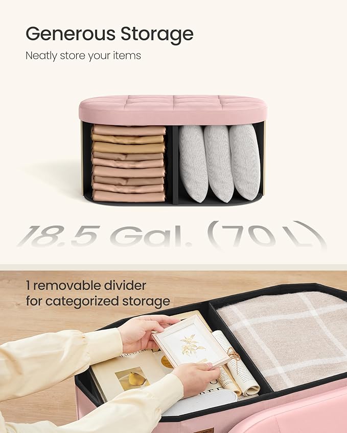 SONGMICS Mazie Collection - Folding Ottoman with Storage, Oval Storage Ottoman Bench, for Living Room, Bedroom, Velvet Fabric, 15 x 30 x 15 Inches, Jelly Pink ULSF267SA01