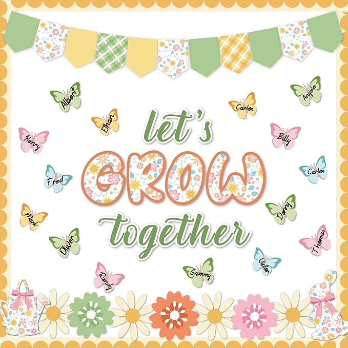 Spring Bulletin Board Decorations for Classroom - 66 Pcs Let's Grow Together Classroom Bulletin Board Set Butterfly Flower Cutouts for Spring Summer School Home Door Wall Decor Supplies