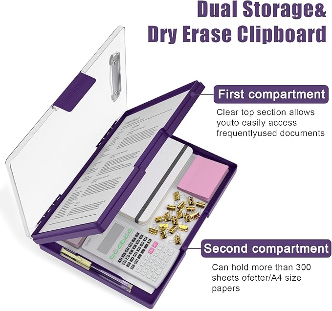 Hongri Clipboard with Storage, Purple 8.5 x 11 Folder Nursing Side Opening, Heavy Duty with Dual Compartment, Smooth Writing for Teachers, Classroom, Size 13.3 x 9.4 x 1.5 in, Office & School Supplies