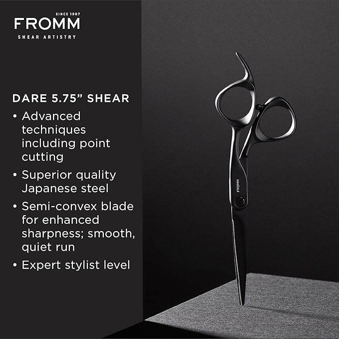 Fromm Professional Dare 5.75" Precision Slide & Point Hair Cutting Shears in Matte Black Japanese Steel Scissors with Semi-Convex Blade for Expert Salon Stylists