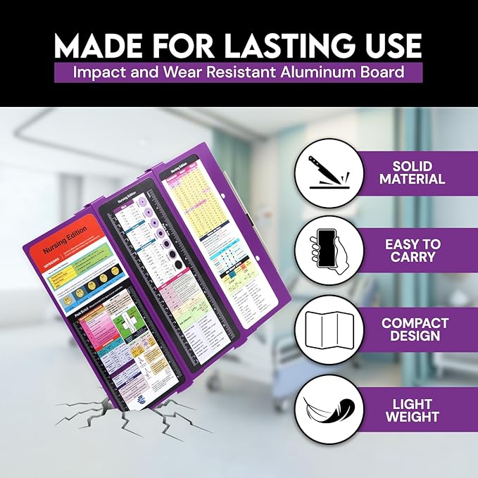 Nursing Clipboard with Nursing and Medical Edition Cheat Sheets 3 Layers Aluminum Foldable Nurse Clip Board Nursing Student Essentials - Foldable Clipboard Nursing Nursing School Essentials (Purple)