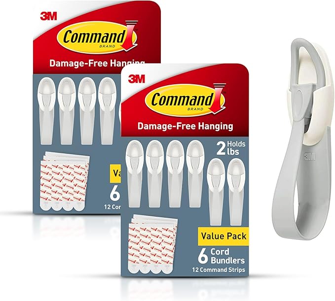 Command Cord Bundlers, Damage-Free Hanging Cord Organizer, No Tools Required for Hanging Electrical Cables, 12 Gray Bundlers and 24 Command Strips