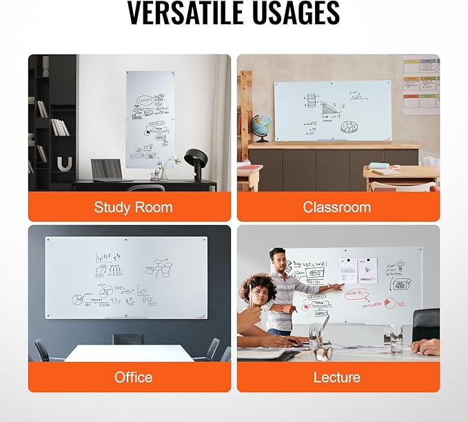 VEVOR Magnetic Glass Writing Board, Erasable 72"x36" Surface, Frameless Wall Installation, Includes Marker Holder, a Cleaning Tool, and 2 Writing Pens, White