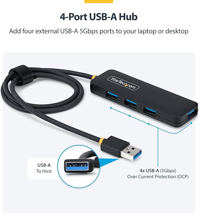 StarTech USB-A 4-Port Hub, SuperSpeed 5Gbps, 4 × USB-A Adapter, Bus-Powered Portable Hub with Extra Long 2 ft Cable, Plug-and-Play for MacBook, Dell, Chromebook, PC & Peripheral Devices