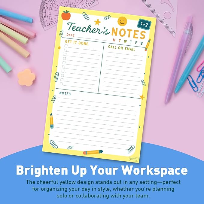 Sweetzer & Orange Teacher Planner Pad – Weekly Undated Lesson Planner for Teachers – 60 Tear-Off Sheets – 9” x 6” Compact Desk Notepad with Notes and Contact Section – Bright Yellow Border