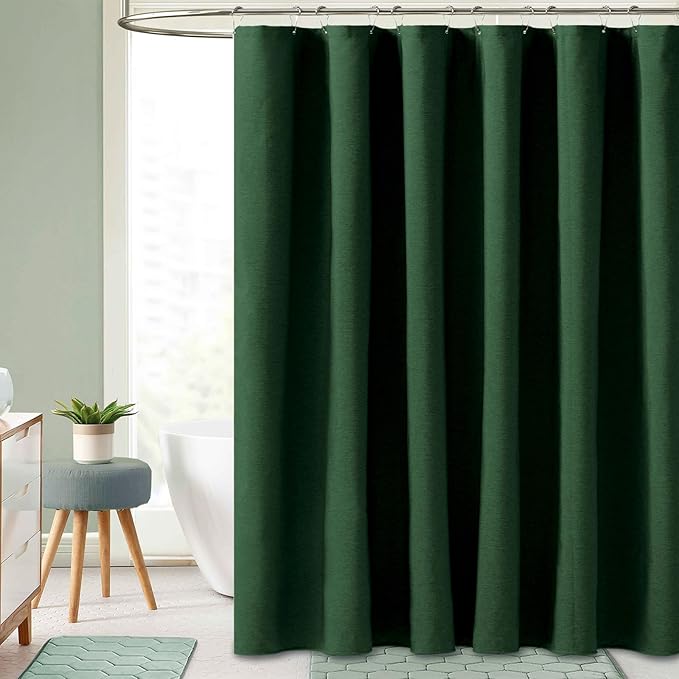 BTTN Extra Long Fabric Shower Curtain, 96 Inch Linen Textured Heavy Duty Cloth Shower Curtain Set with 12 Plastic Hook, Large Hotel Luxury Polyester Shower Curtain for Bathroom, 72x96, Emerald Green