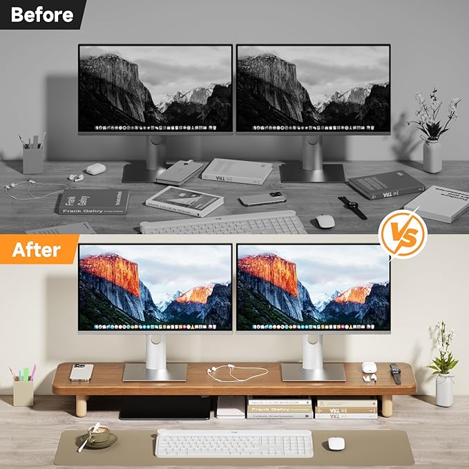 Dual Monitor Stand Riser, 39Inch Extra Long Wooden Desktop Monitor Riser with Storage for 2 Monitors Ultra Strong Desk Shelf Organizer Riser Ergonomic for 2 Screens/Laptop/PC/TV/Printer, Large, Walnut