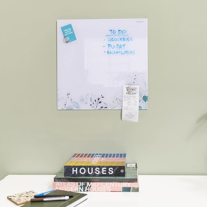 ECR4KIDS MessageStor Magnetic Dry-Erase Glass Board with Magnets, 17.5in x 17.5in, Wall-Mounted Whiteboard, Botanical, 2-Pack