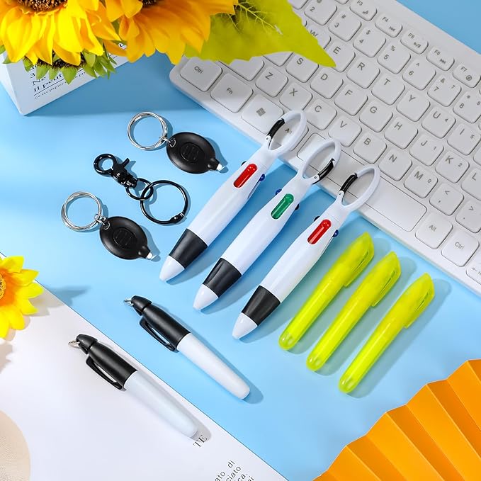 Chinco 30 Pcs Retractable Shuttle Pen Clip with Mini Highlighter Nurse Badge Pen Neon Marker LED Keychain Ring Clip