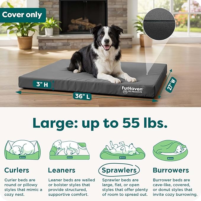 Furhaven Replacement Dog Bed Cover Water-Resistant Indoor/Outdoor Logo Print Oxford Polycanvas Mattress, Washable - Stone Gray, Large