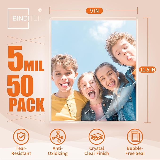 Binditek Laminating Sheets 5 Mil, Universal Fit for All Thermal Laminators, 50 Pack Thermal Laminating Pouches, Letter Size 8.5 x 11 in, Clear Glossy