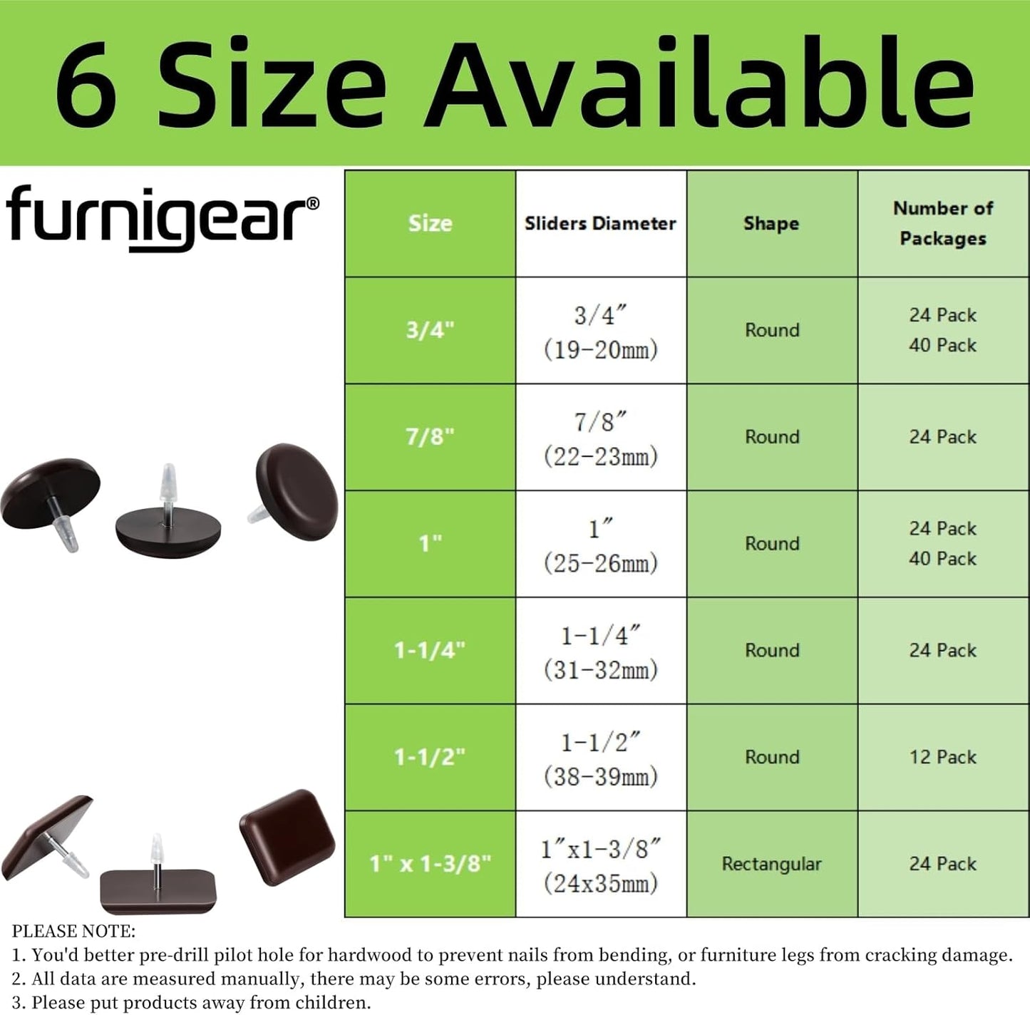 Furniture Glides Sliders-Furnigear PTFE (Teflon) Chair Leg Movers Sliders for Carpet and Hardwood Surface - Move Your Furniture Easy & Safely - Best Floor Protector (1 inch/Nail, Brown-40pack)