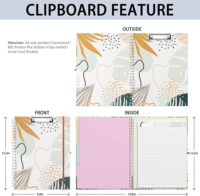 Rimilak Spiral Clipboard Folio with Refillable Lined Notepad, 14.5 x 9.8 In, Hardcover Cover with 5 Interior Pockets, Elastic Band and Pen Loop Series. Cute Stylish Clipfolio, Bohe Leaves