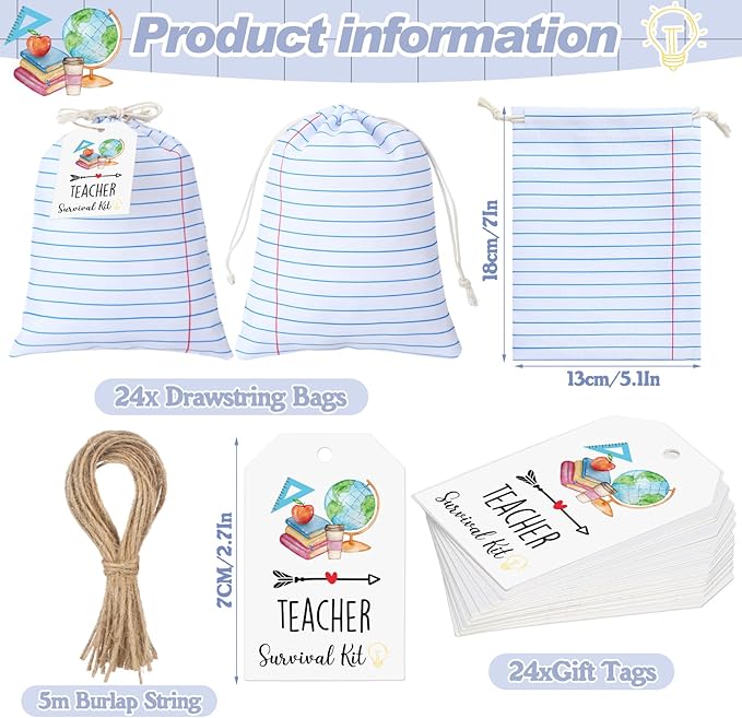 Sweetude 24 Set Teacher Supplies Survival Kit Gifts Bags Kit Social Work Month Back to School Notebook Teacher Appreciation Drawstring Bags with Tags Thank You Survival Canvas Makeup Pouch