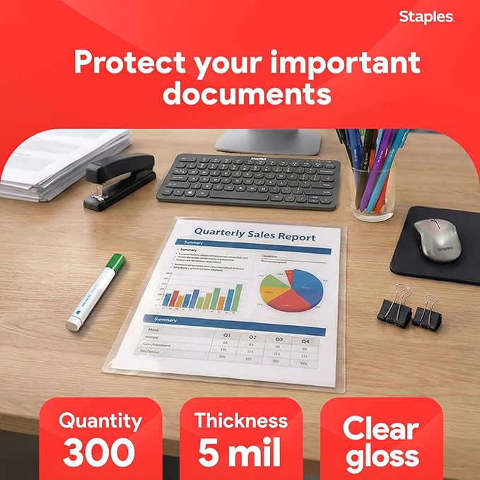Staples Thermal Laminating Pouches, Letter Size, 9 x 11.5 Inches, 5 Mil, 300/Pack, for Heavy-Duty Document Protection
