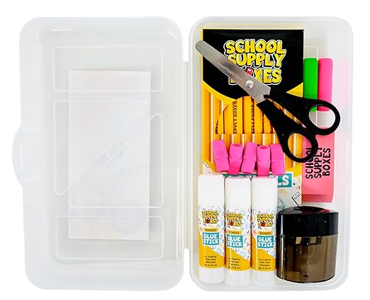 Back to School Supply Box (Case - 4 Boxes) - Grades K-5 Back to School Supplies - 32 Piece Kit Includes Markers, Crayons, Pencils, Scissors, Folders, Glue Sticks, Notebook, and Composition Book