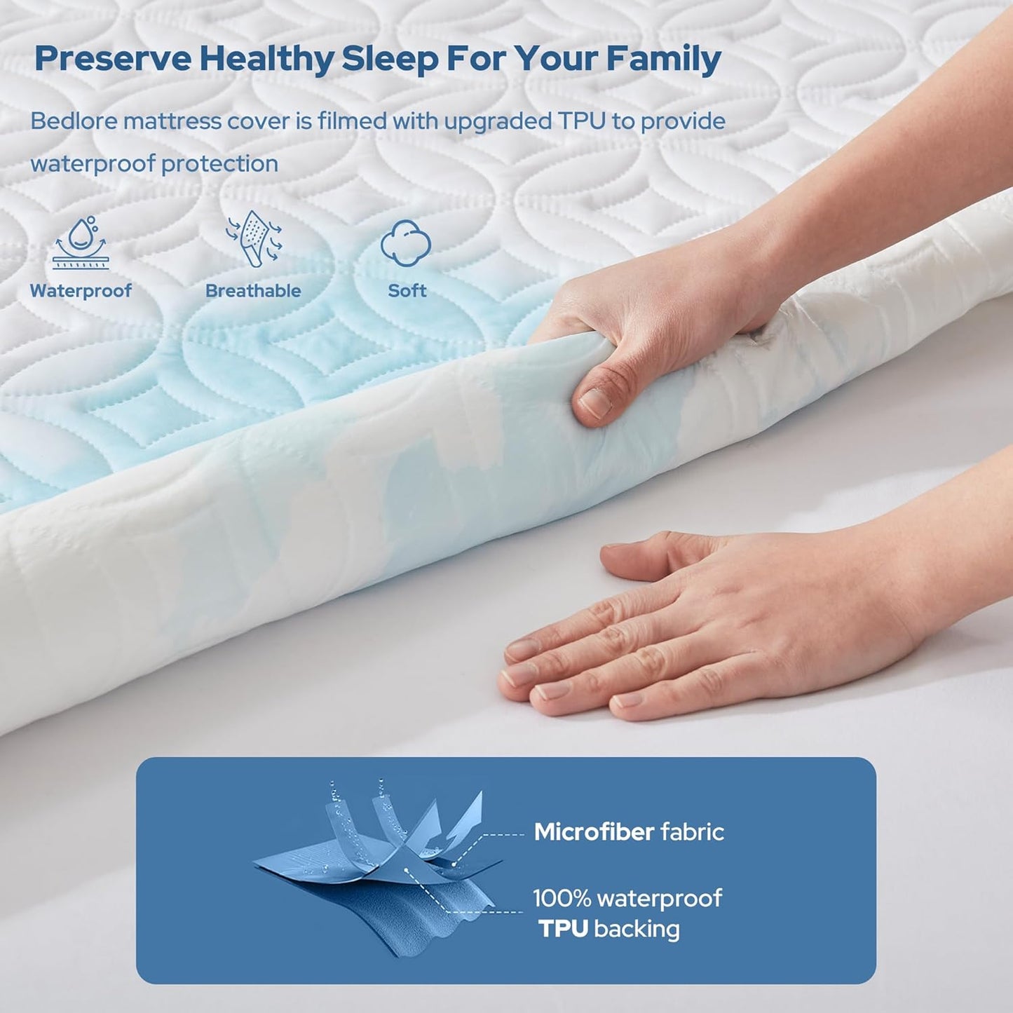BEDLORE Waterproof Mattress Protector, Queen Size Noiseless Mattress Pad with Deep Pocket 6"-18" Depth, Soft Breathable Bed Mattress Cover Washable for Home, Bedroom, Hotel (White)