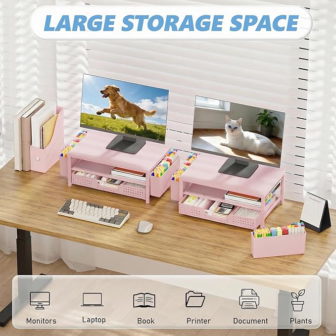 OPNICE Desk Organizers and Accessories, 2-Tier Computer Monitor Stand Riser with Drawer and 2 Pen Holders, Laptop Stand, Office Desk Accessories for Office Supplies, Pink