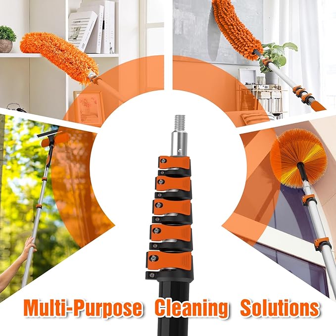 30FT High Ceiling Duster Kits with 5-24FT Telescoping Extension Pole - Fan Blade Cleaner, Cobweb Remover & Window Cleaning Kit, Washable Dust Brush for High Roof and Glass Surfaces