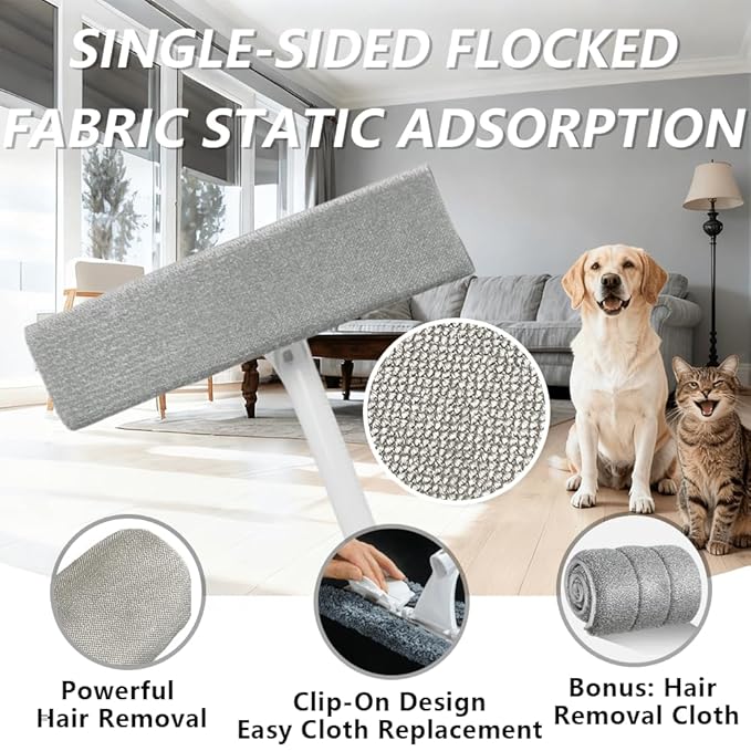 Small-Sized Clip-On Pet Hair Mop - Electrostatic Adsorption for Loose Hair&Dust,with Removable Plastic Scraper,2 Reusable Electrostatic Pet Hair Pads+1 Fiber Cleaning Pad, Works on All Smooth Floors