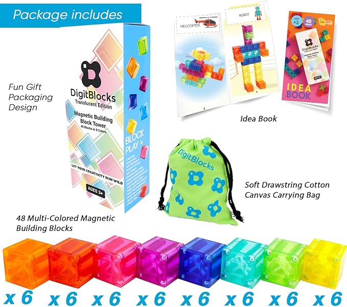 BrainSpark 48PCS Translucent Mulit-Color DigitBlocks Magnetic Building Blocks, Montessori Clear Magnet Cubes for Boys Girls Stacking Block Sets Ages 3-9