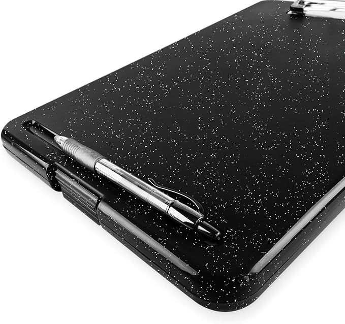 Clipboard with Storage Slim Folding for Nursing, Teachers, Coaches & Office, Plastic Heavy Duty with Pen Holder (9.5” x 13.5”) (Black White Splatter)