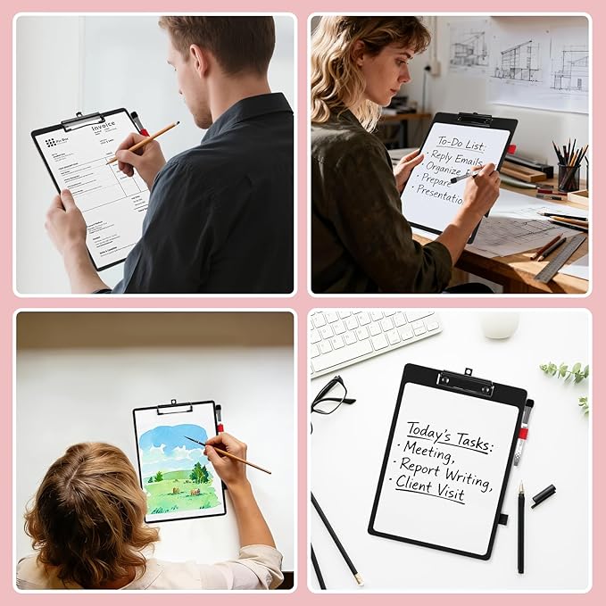 Hardboard Dry Erase Clipboard | 9”x12.5” Premium PU Leather Executive Clipboard with Anti-Ghosting Surface | Strong Clip Holds Letter & A4 Paper | for Office, School, Teacher, Nurse (Black)