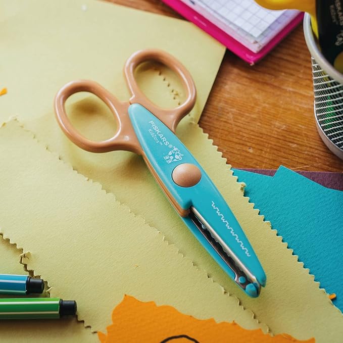 Fiskars Children's Decor Scissors, 6 Pieces, Incl. Storage Bag, Length: 13 cm, for Right- and Left-Handed Users, from 4 Years, Stainless Steel Blade/Plastic Handles, Multi-Coloured, Kidzors, 1003730