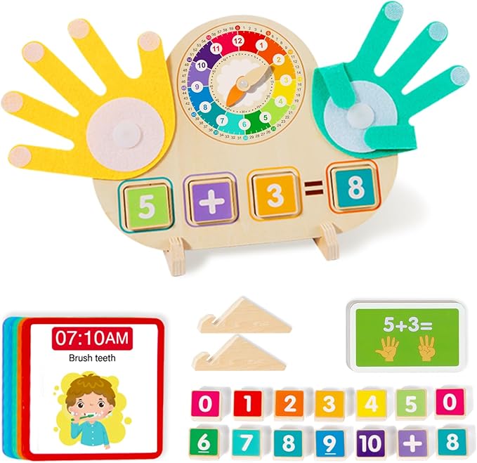 Educational 2 in 1 Math Manipulatives Number Counting Blocks & Teaching Clock for Kids, Preschool Learning Toys for Toddlers 3-5, Montessori Toys for 3-5 Year Old Boys Girls Birthday Gifts