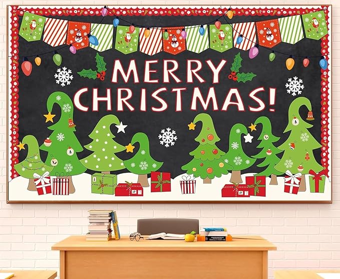 Christmas Bulletin Board Decorations Christmas Tree Bulletin Board Set Merry Christmas Classroom Decorations Xmas Gift Boxes Tree Cutouts Banner for Holiday School Chalkboard Wall Door Decor