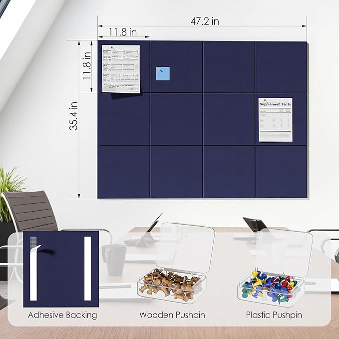 MaxGear Large Cork Board for Wall 48" x 36" Dark Blue Bulletin Board, 12 Pack Felt Wall Tiles with Pushpins, Cork Boards for Office Pin Board Tack Board for Photo Meno Decor