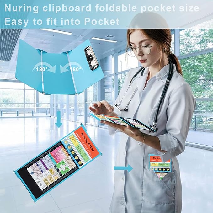 Nursing Clipboard Foldable Clipboard Pocket Size:Nursing Edition Cheat Sheets Aluminum 3 Layers Foldable Clipboard Nursing Nurse Clipboard Foldable fits in Nurses Doctors (Blue)