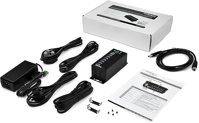 StarTech.com 7-Port USB 3.0 Hub with Power Adapter - Metal Industrial USB-A Hub with ESD & 350W Surge Protection - Din/Wall/Desk Mountable - High Speed USB 3.0 (5Gbps) - Hub , TAA (HB30A7AME)