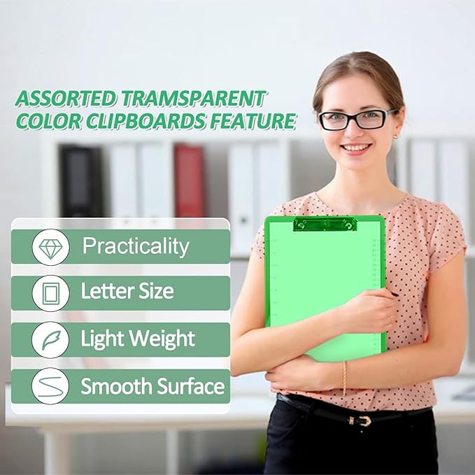 Plastic Clipboards, PANDRI 10 Pack Clear Colored Clipboards, Low Profile Clip Board 12.5 x 9 Inch Standard Letter Size, Office Supplies Classroom