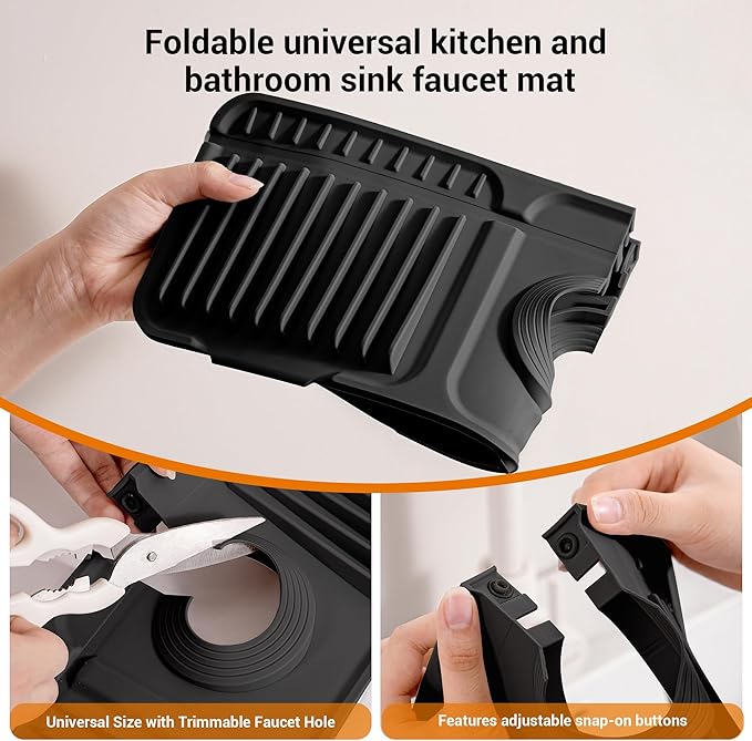 Faucet Mat for Kitchen Sink, 17.7"X5.5" Silicone Sink Splash Guard with Soap Holder, Snap-On Design & 7°slope Fast Drain, Folding Sink Faucet Mat for Universal Kitchen Bathroom Sink（Black）