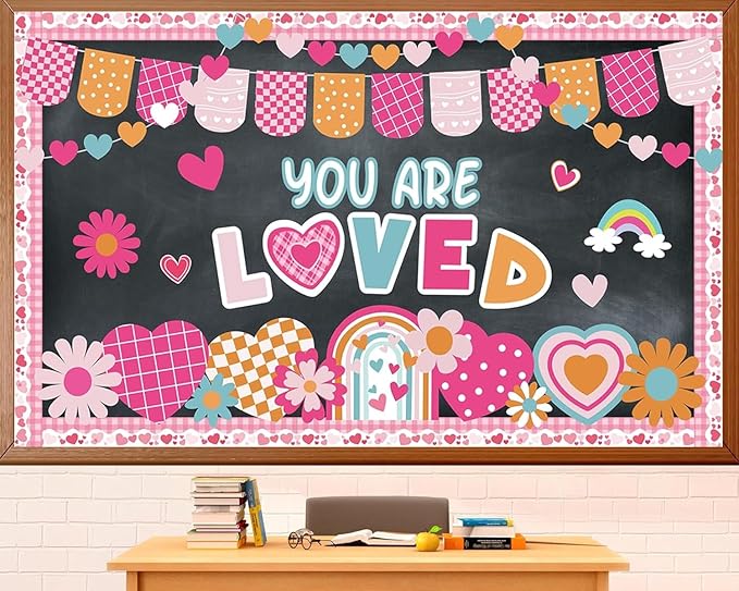 Valentine's Day Bulletin Board Set Valentines Classroom Decoration You are Loved Bulletin Board Borders Valentine's Day Loved Cutouts for Holiday School Office Chalkboard Wall Door Decor Supplies