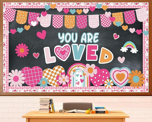 Valentine's Day Bulletin Board Set Valentines Classroom Decoration You are Loved Bulletin Board Borders Valentine's Day Loved Cutouts for Holiday School Office Chalkboard Wall Door Decor Supplies